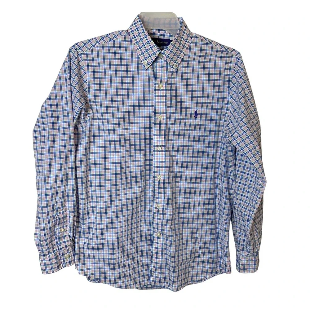 Polo Ralph Lauren Men's Medium Blue Plaid Classic Fit Button Down Shirt Stretch
